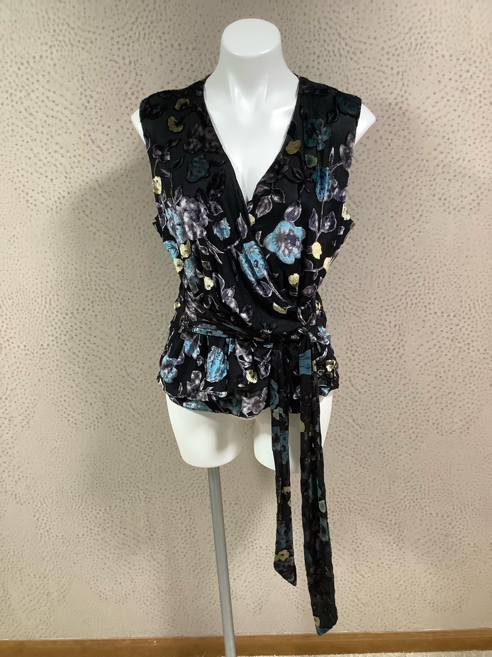 Sleeveless Black Floral Wrap Top with Tie Waist